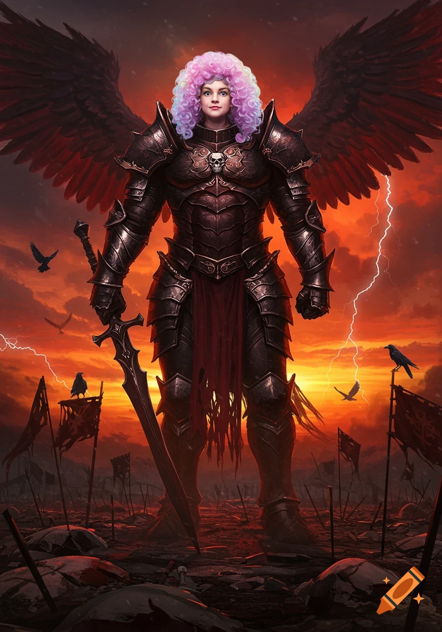 A fearsome winged warrior in dark armor with a pastel rainbow curly wig, holding a sword on a desolate battlefield under a stormy red sky.