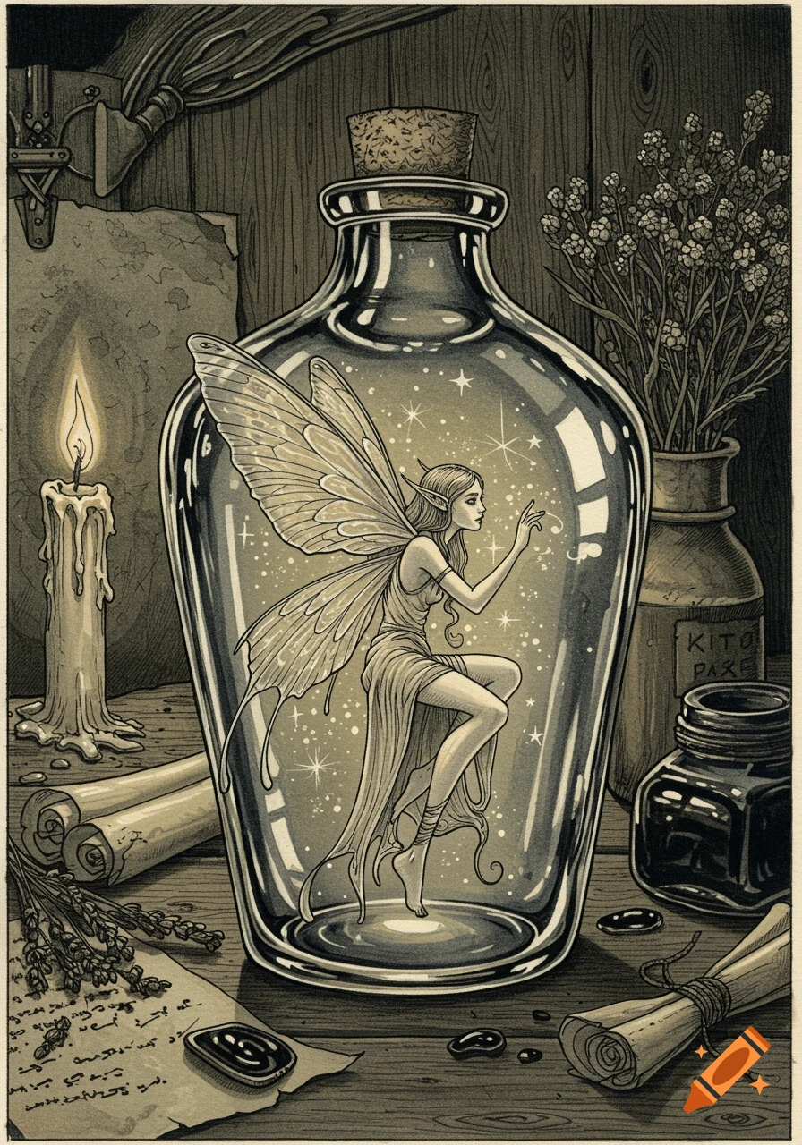 A line drawing of a fairy with large wings inside a corked glass bottle, surrounded by stars, on a wooden table with a lit candle, scrolls, and dried flowers.