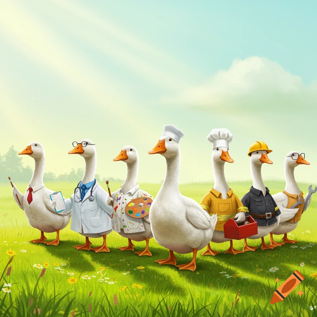 Six anthropomorphic geese in various professional outfits, standing in a line in a grassy field under a blue sky.