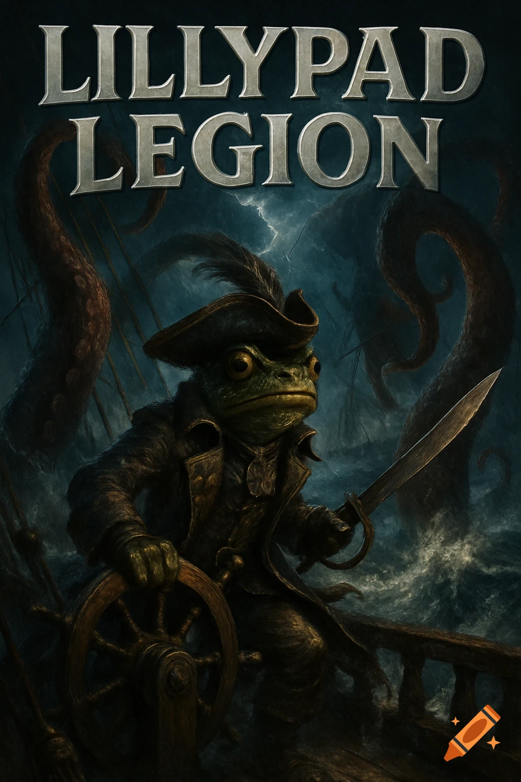 A dark, realistic illustration of a pirate frog captain on a ship, battling a kraken in a stormy sea. Text reads 'LILLYPAD LEGION'.