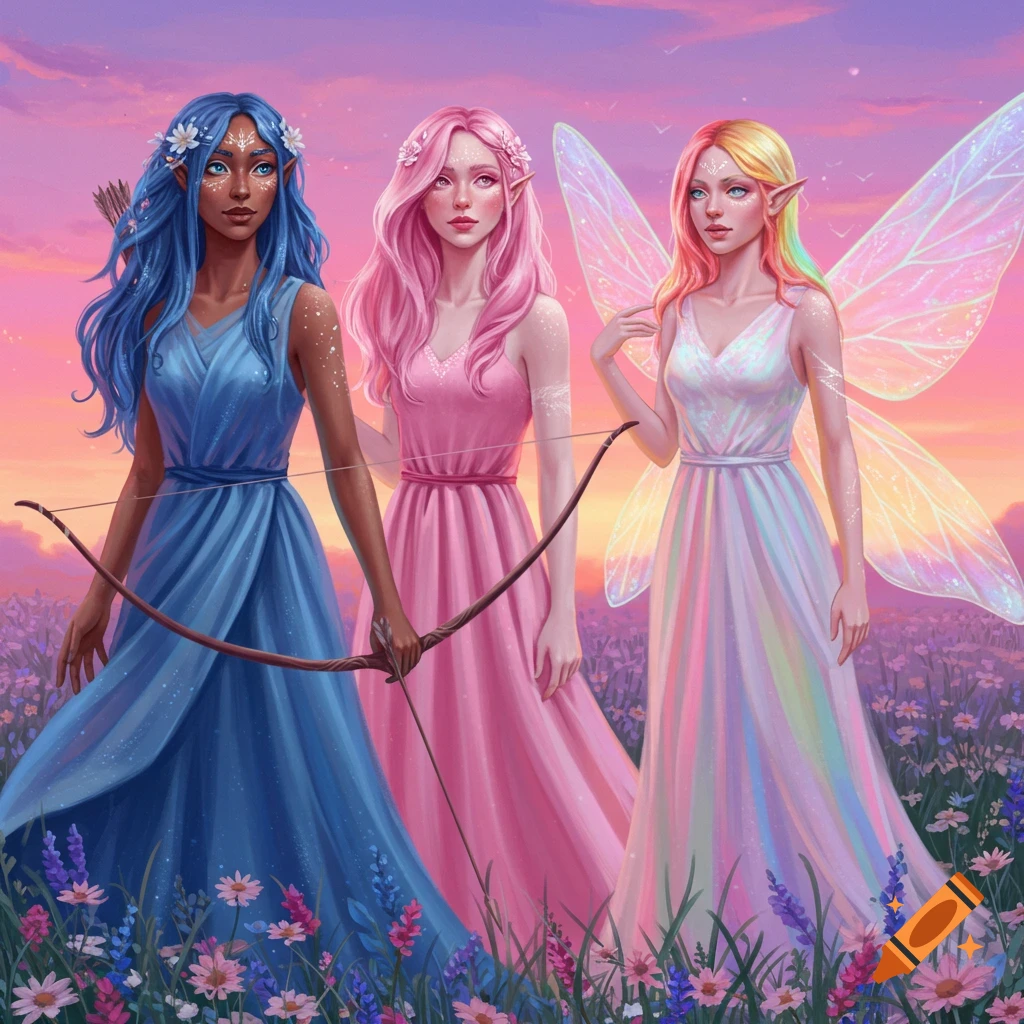 Three fantasy women stand in a field of purple and pink flowers at sunset. One has blue hair and a bow, one has pink hair, and the third has rainbow hair and iridescent fairy wings.