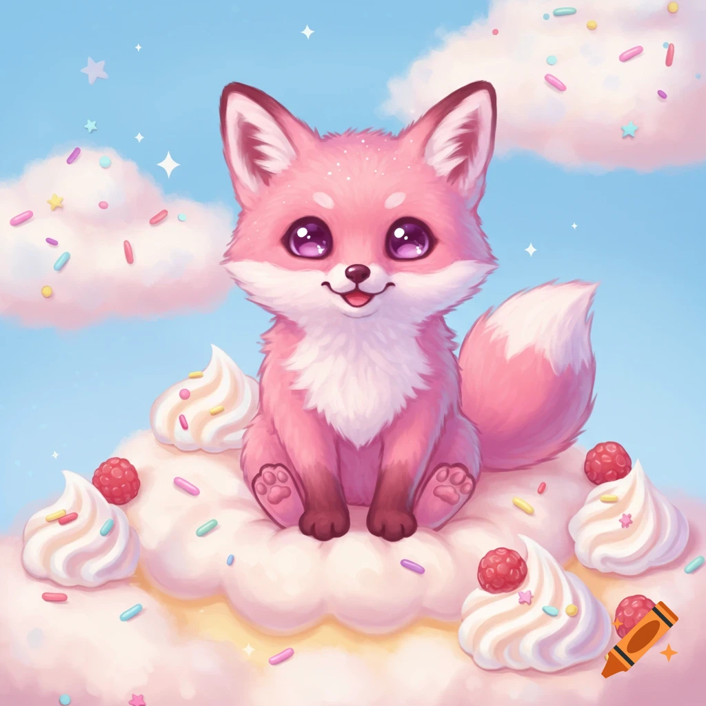Cute pink fox with large eyes sitting on a fluffy pink cloud dessert with whipped cream, raspberries, and sprinkles under a blue sky.