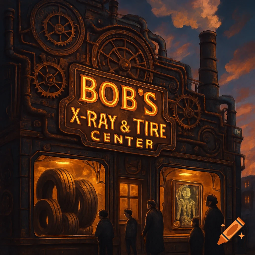 Steampunk-style building with glowing 'Bob's X-Ray & Tire Center' sign at dusk, with people standing in front.