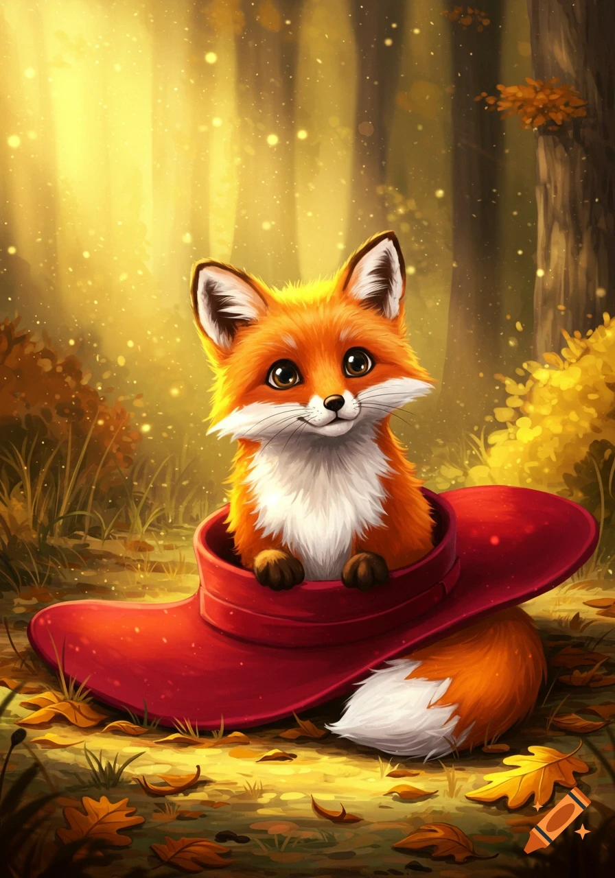 A cute orange and white fox with big eyes peeking out of a red hat in a golden autumn forest.