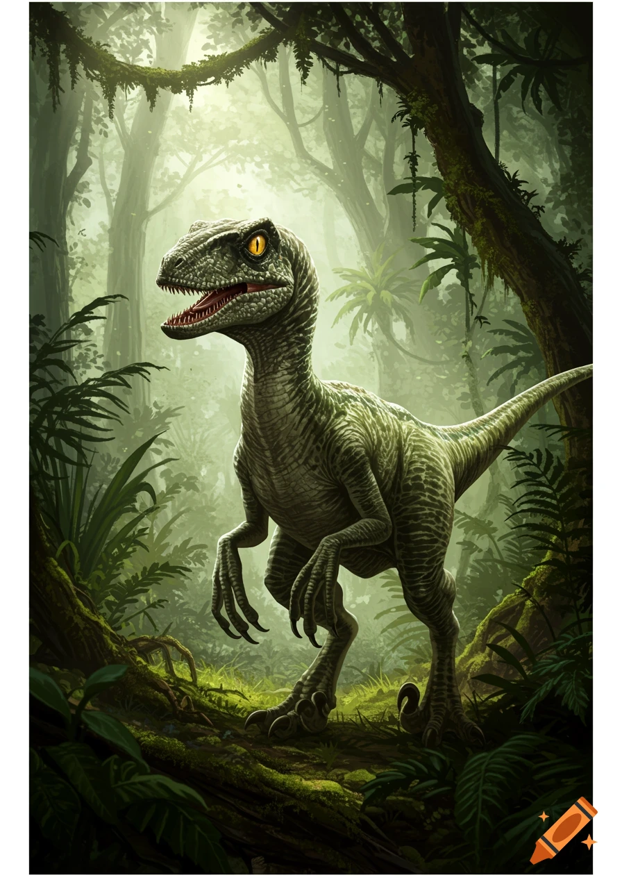 A detailed illustration of a raptor dinosaur with bright yellow eyes standing in a misty, lush green jungle.