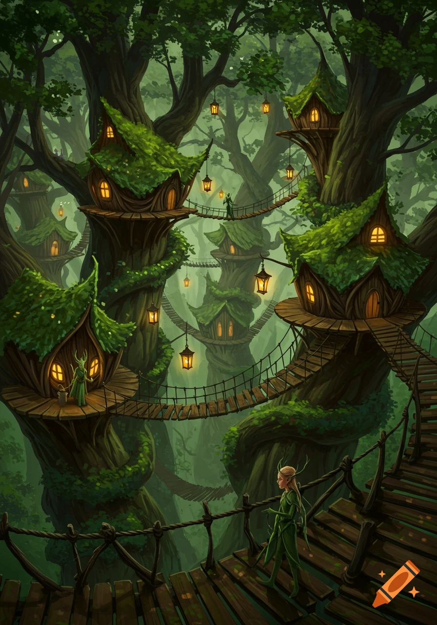 A fantasy illustration of an intricate wood elf treetop community with glowing lanterns and rope bridges connecting houses in a lush forest. An elf stands on a bridge.