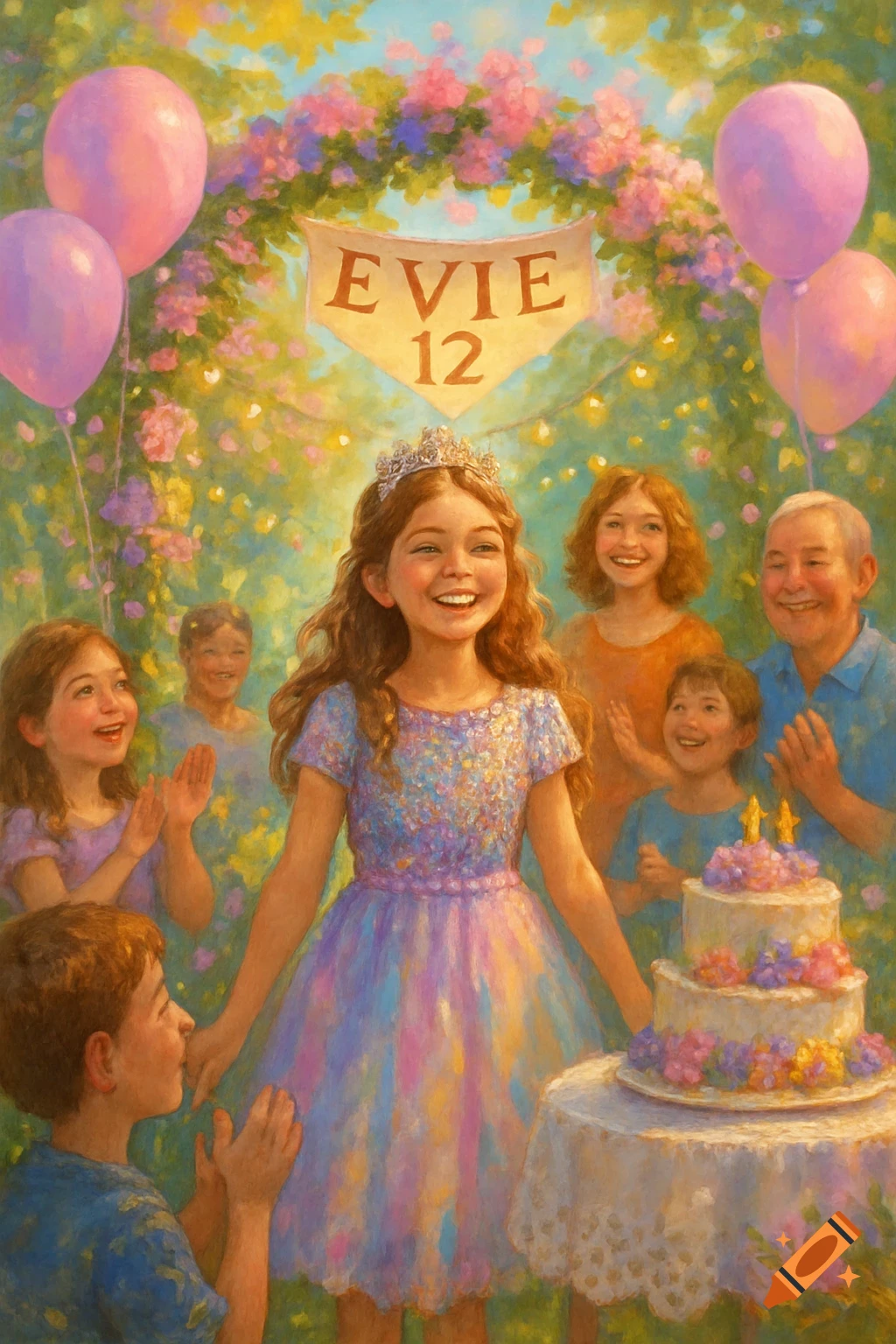 A young girl with a crown smiles at her birthday party, surrounded by friends and family. A cake and balloons are visible in a painterly style.