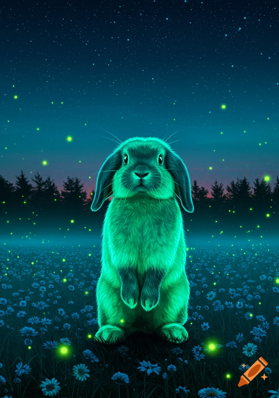 A glowing neon green French lop bunny stands in a field of blue flowers under a starry night sky with fireflies.