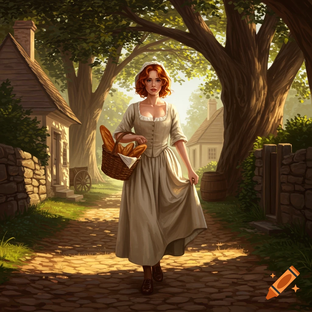 A woman with red hair in a colonial-style dress walks on a cobblestone path through a village, carrying a basket of bread.