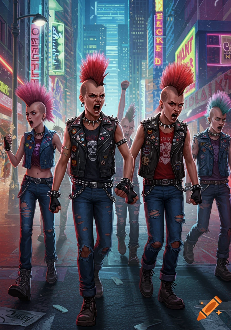 Stylized illustration of punk individuals with mohawks and studded clothing walking down a neon-lit cyberpunk city street at night.