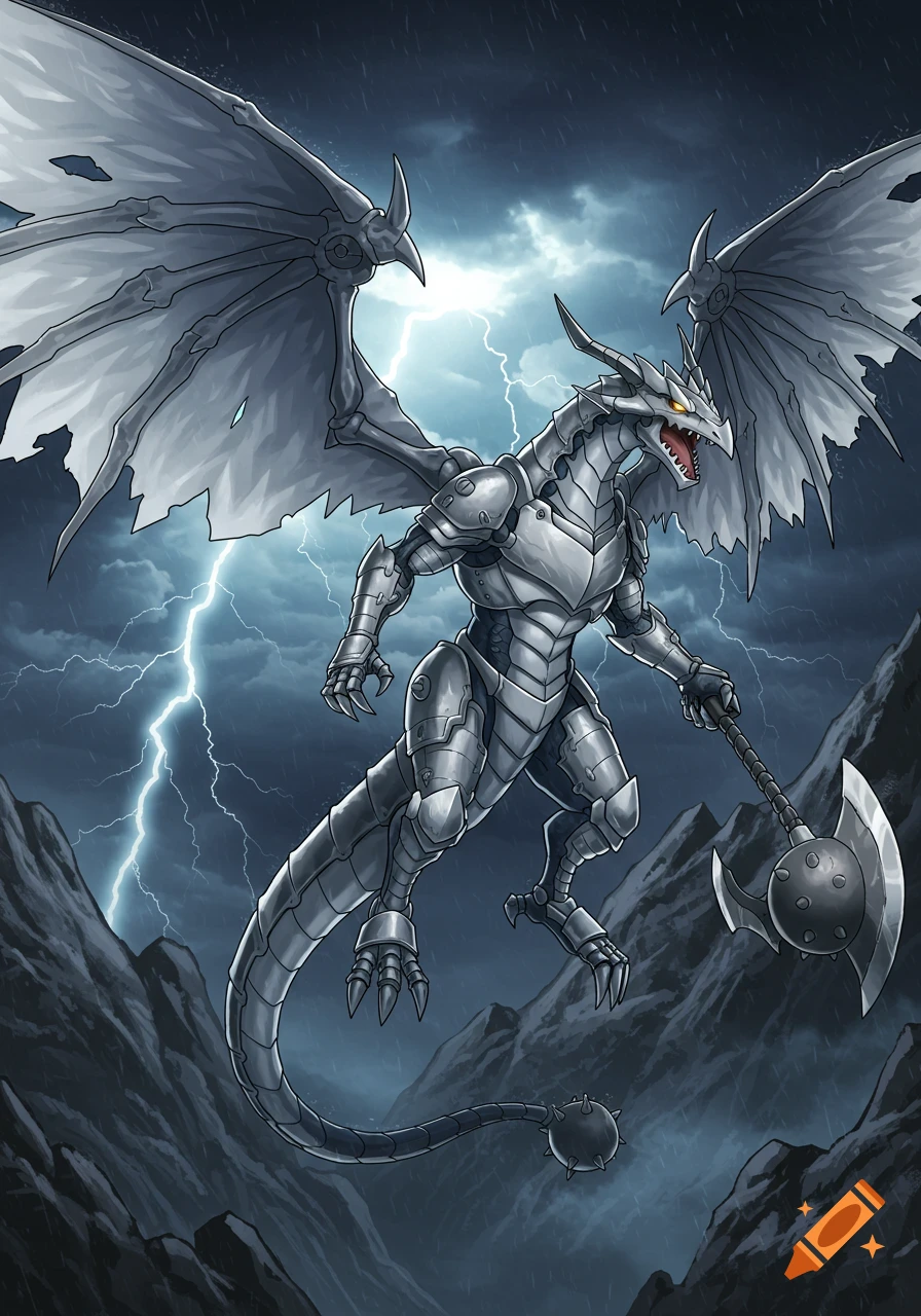 A sleek, silver armored dragon with large wings and an axe-like tail weapon hovers in a stormy mountain sky with lightning, in a fantasy cartoon style.