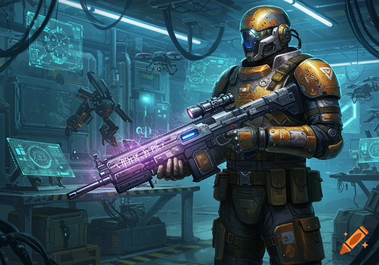 A heavily armored futuristic soldier in an orange and gray suit holds a glowing rifle in a neon-lit sci-fi laboratory. Holographic screens and drones are visible in the background.