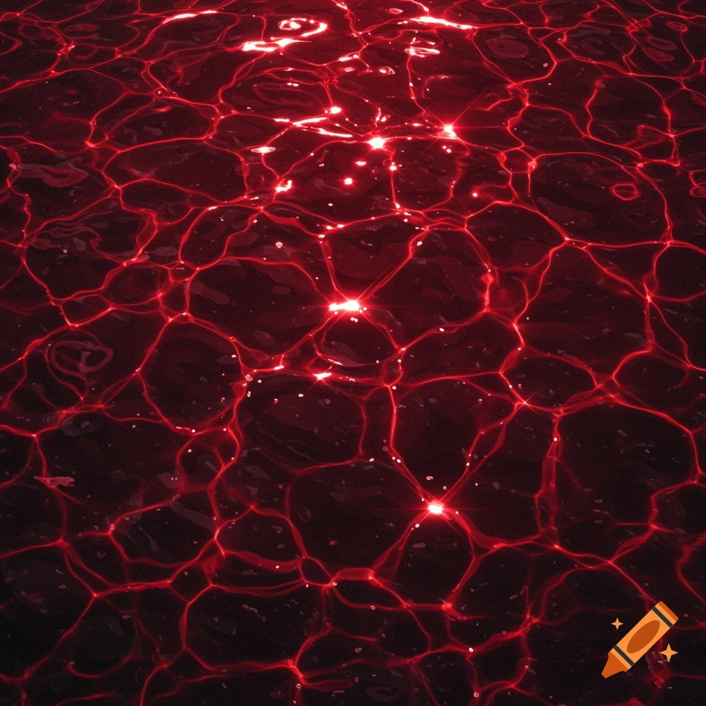 A dark red water surface with bright red, web-like light reflections dancing on it, viewed from directly above.