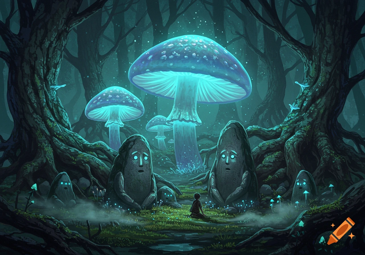 A small figure kneels before two large, silent stone guardians with glowing eyes in a mystical forest illuminated by giant bioluminescent mushrooms.