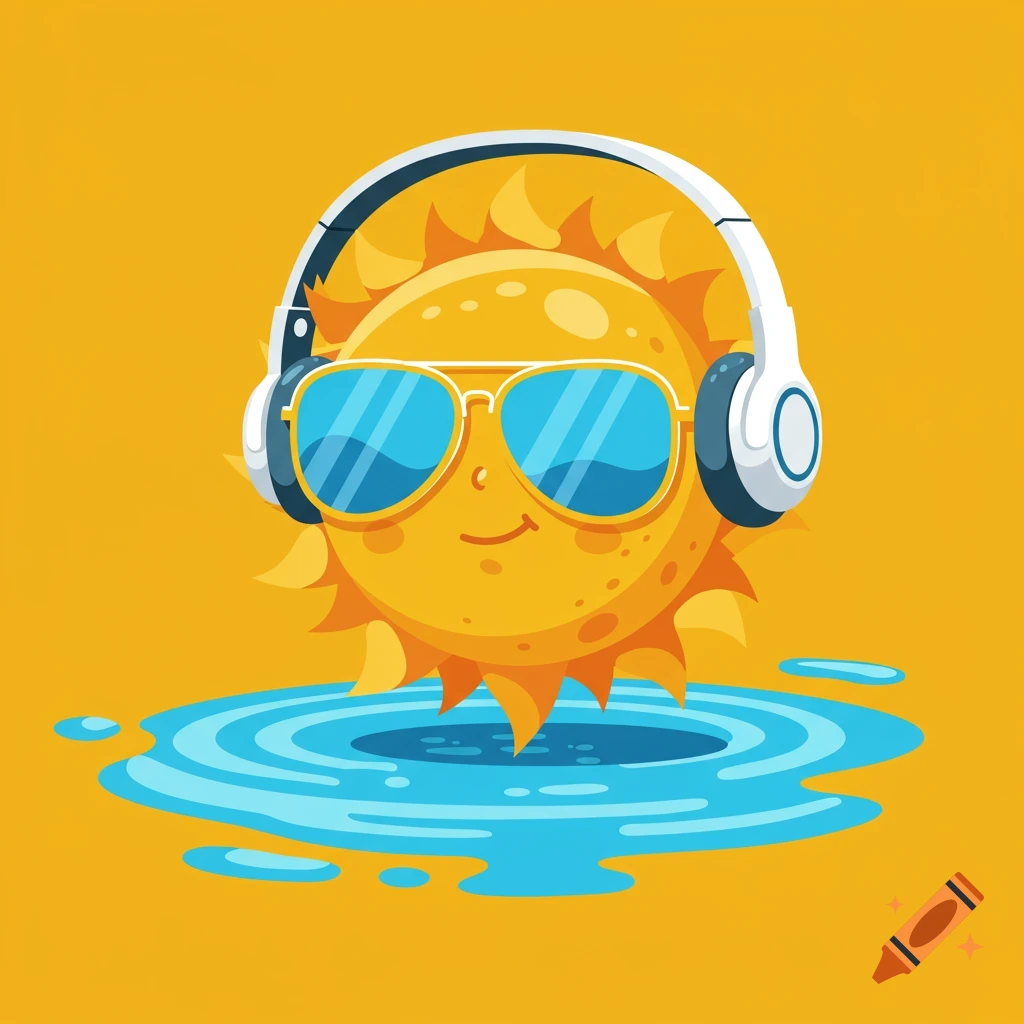 A stylized cartoon sun wearing sunglasses and headphones, floating in blue water.