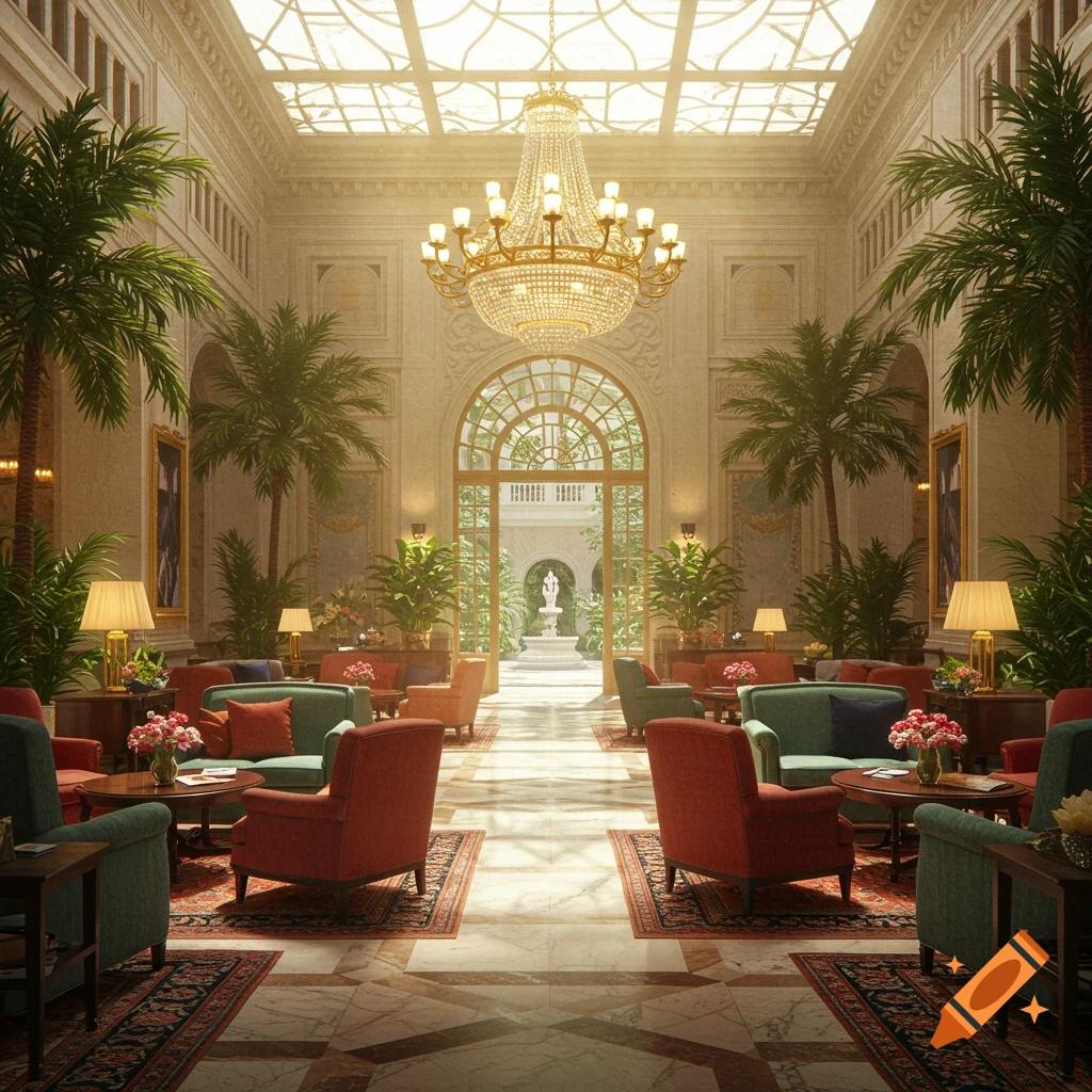 A luxurious hotel lobby with a large chandelier, palm trees, and multiple seating areas, bathed in sunlight.