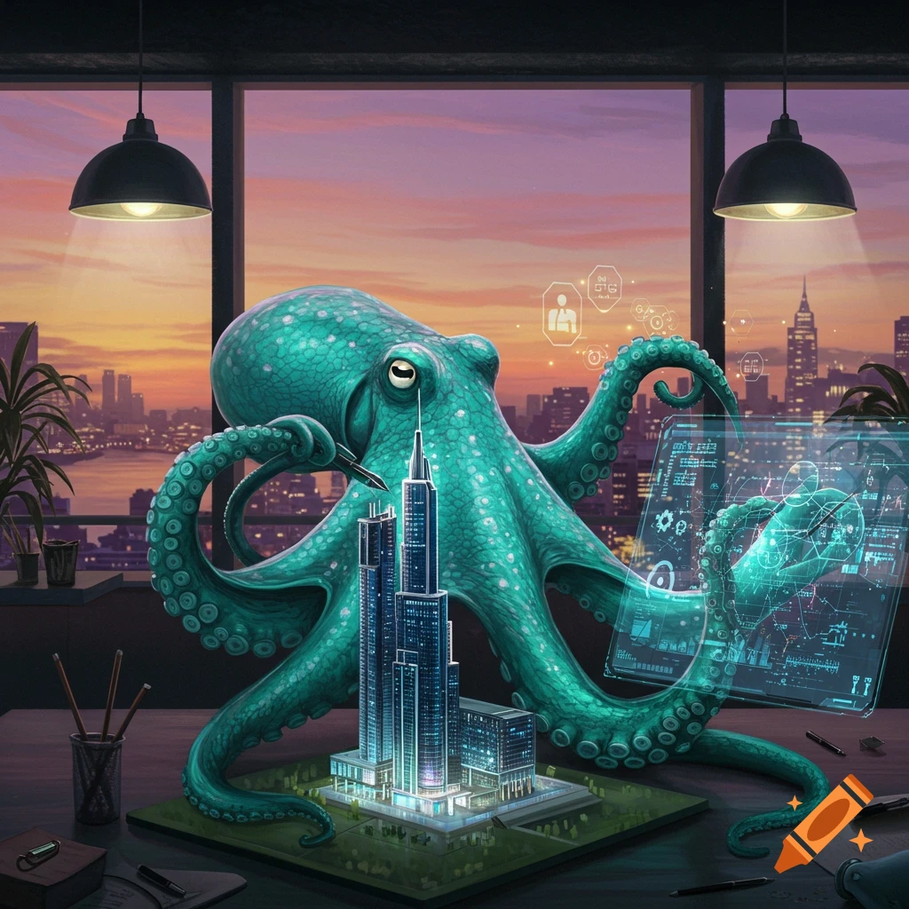 A large, teal octopus sits at an office desk, one tentacle holding a pen over a miniature skyscraper model, while another tentacle interacts with a transparent digital screen displaying glowing UI elements, with a city skyline visible through large windows at sunset.