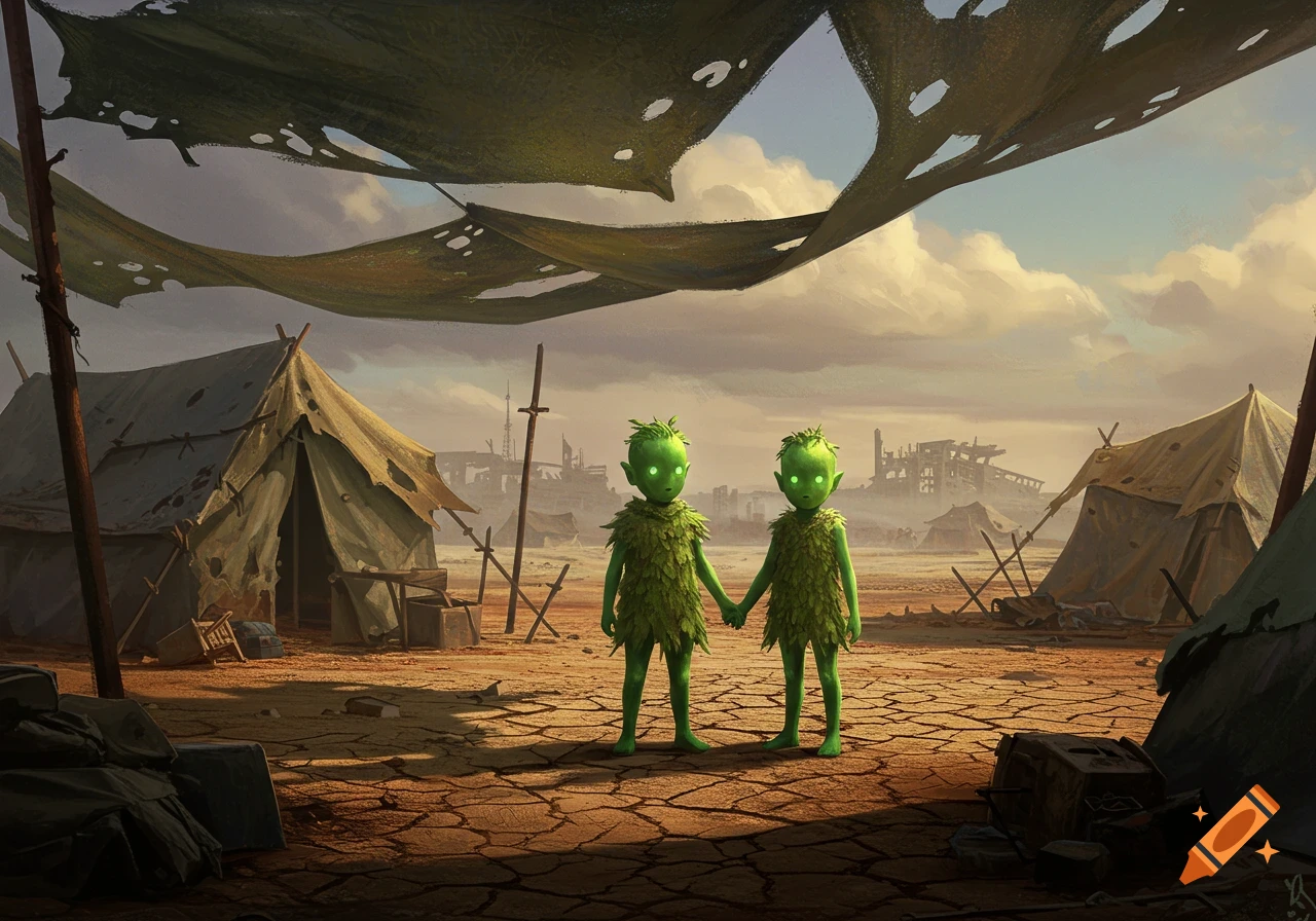 Two green, leaf-covered children with glowing eyes hold hands in a desolate, cracked desert refugee camp with tents and ruined buildings, digital painting.