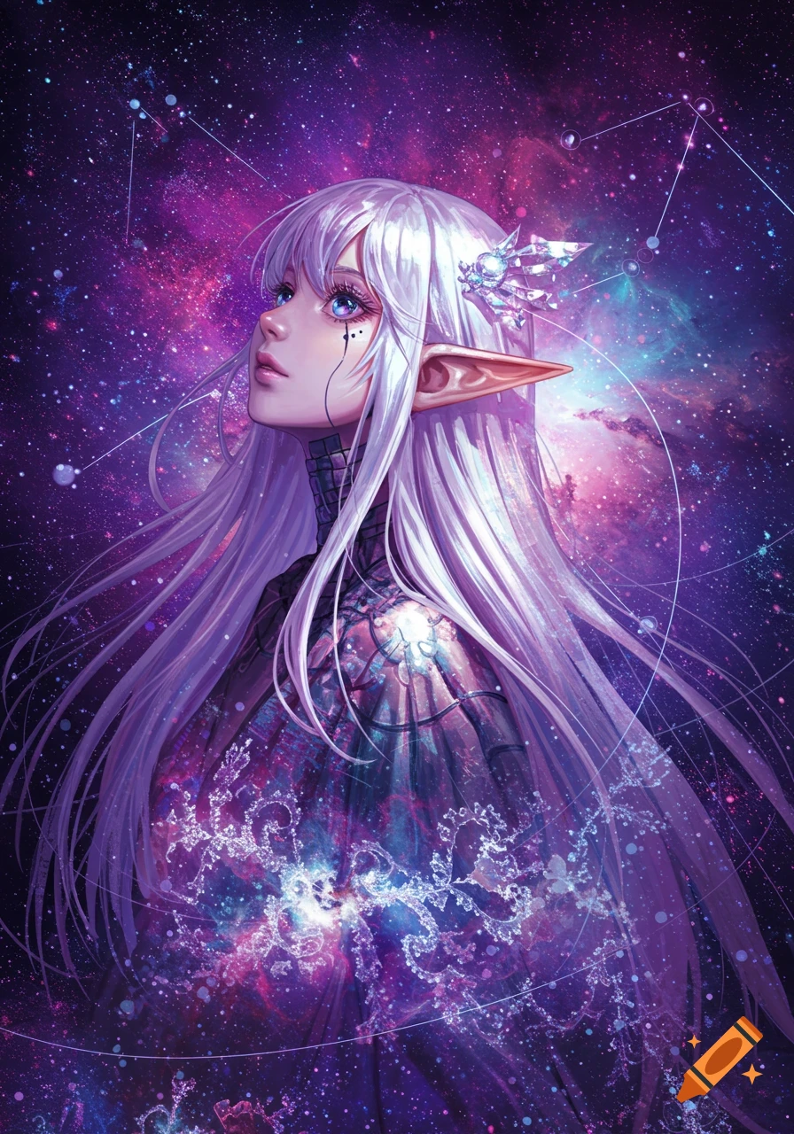 Anime elf girl with white hair and blue eyes in a cosmic galaxy, surrounded by stars and constellations.