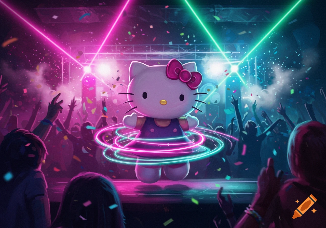 Hello Kitty dancing on a stage at a vibrant EDM concert with colorful laser lights and confetti, as a crowd watches.
