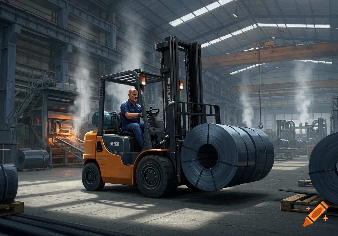 A man drives an orange forklift carrying large steel coils through a busy factory floor, with industrial machinery and steam in the background.