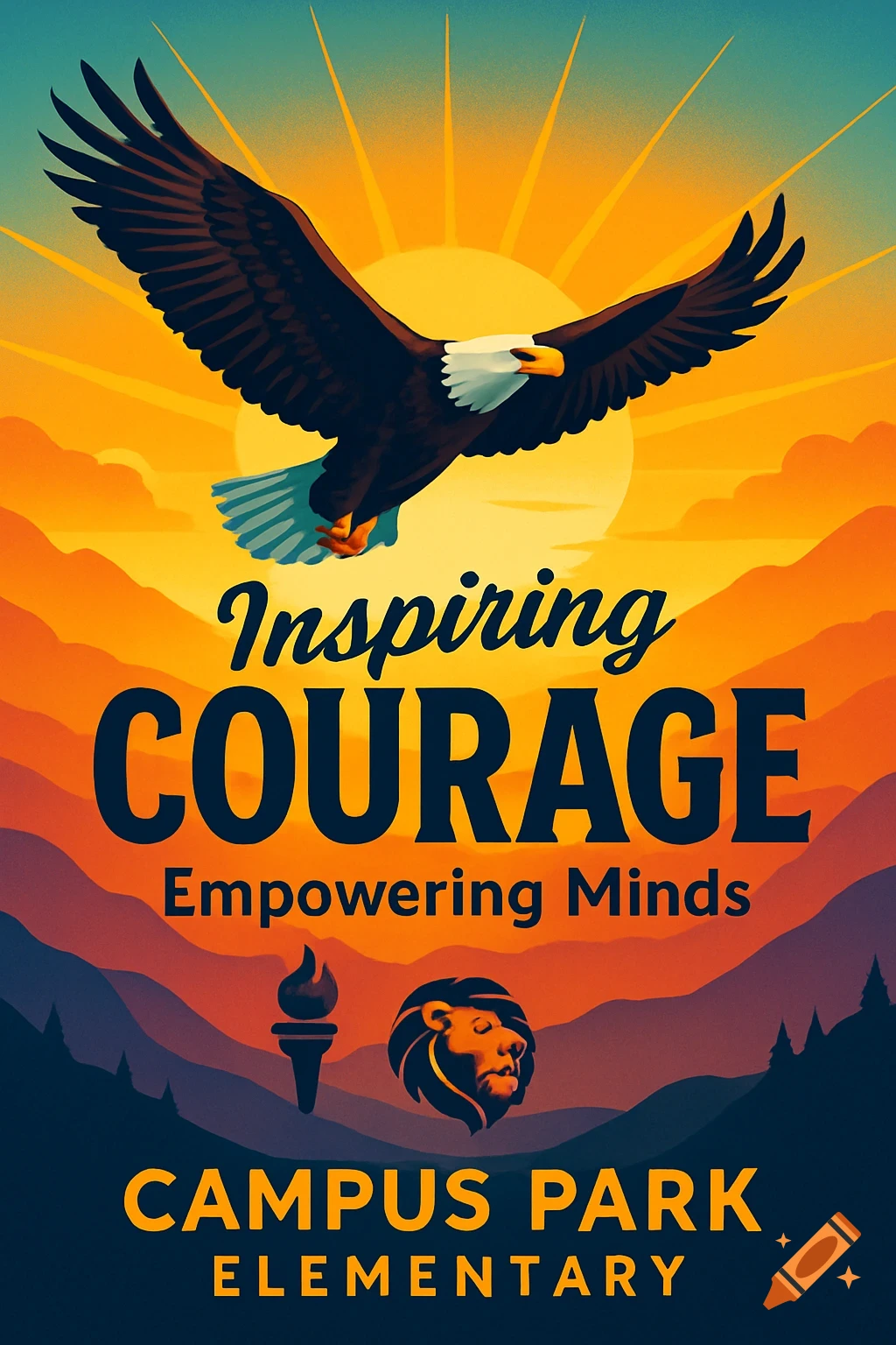 A stylized graphic poster featuring an eagle soaring over mountains at sunrise. Text reads 'Inspiring COURAGE Empowering Minds' and 'Campus Park Elementary'.