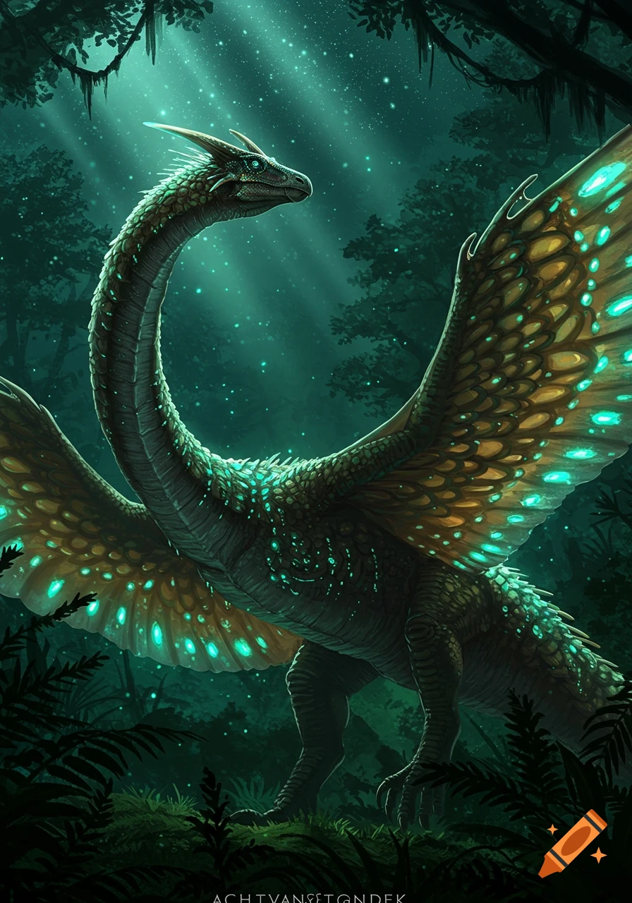 A majestic bioluminescent dragon with large, glowing wings stands in a mystical, dark forest with ethereal light.
