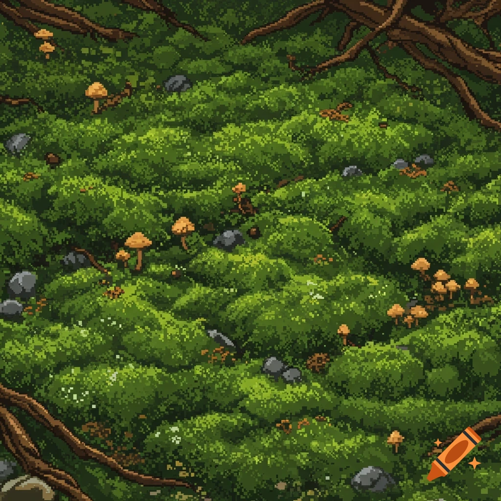 Pixel art overhead view of a forest floor covered in vibrant green moss, scattered with brown mushrooms and grey rocks, with tree roots visible.