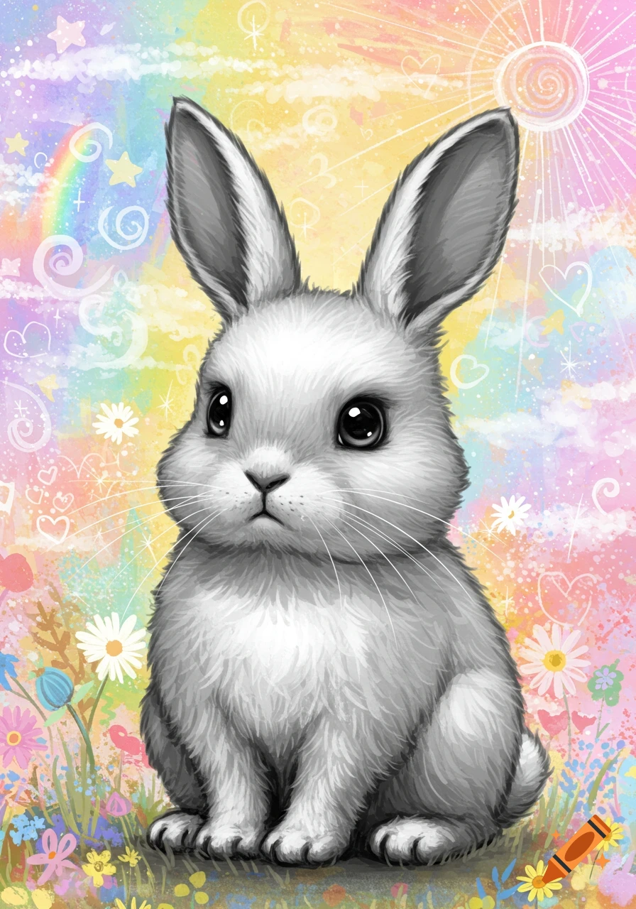 A cute fluffy gray and white bunny sits in a field of colorful flowers with a pastel rainbow and abstract shapes in the background, in an illustration style.