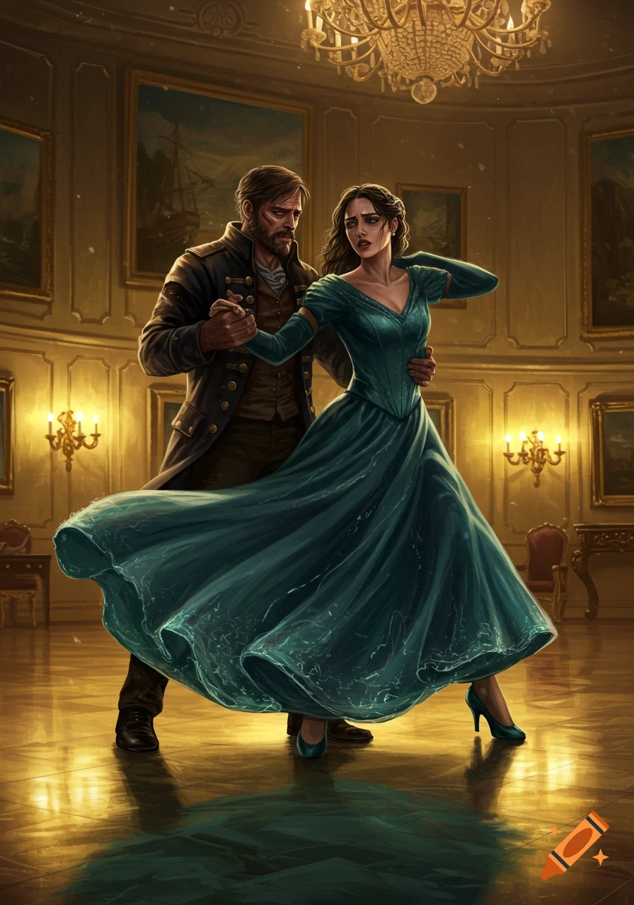 A pirate-like man and a woman in a flowing teal gown dance a waltz in a grand ballroom.
