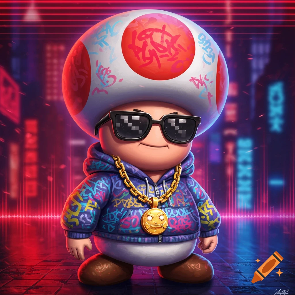 Toad from Mario as a rapper, wearing pixelated sunglasses, a colorful graffiti hoodie, and a gold chain, in a neon city.