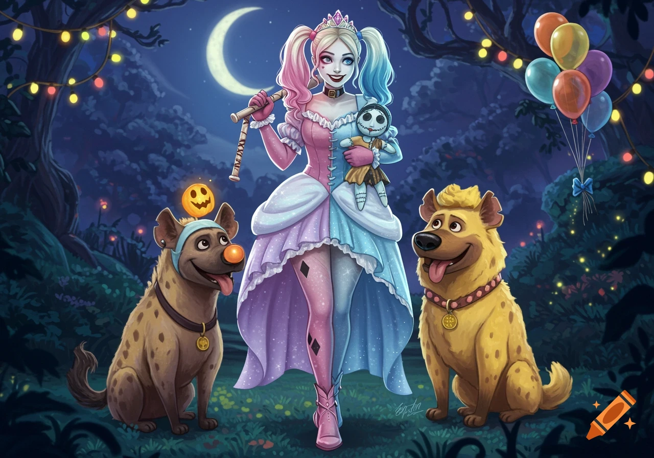 A Pixar-style Harley Quinn in a split pink and blue Disney princess gown, holding a Sally ragdoll and a flute, stands between two hyenas in a mystical night forest with fairy lights and a crescent moon. One hyena resembles Zero from Nightmare Before Christmas, and the other is Dug from Up.