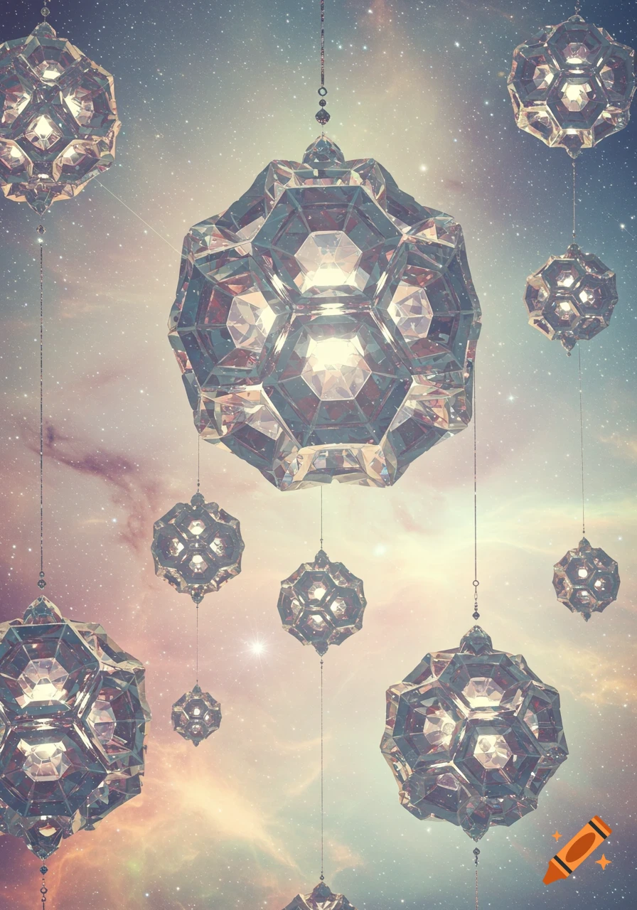 Multiple faceted crystal geometric shapes floating in a starry cosmic sky with nebulae.