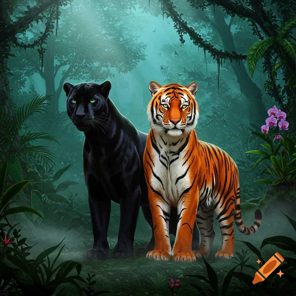 A black panther and an orange tiger with green eyes stand side-by-side in a misty green jungle.