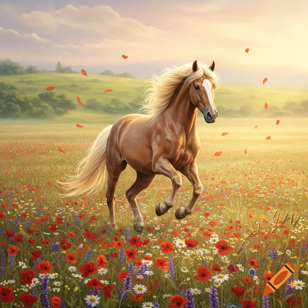 A brown horse with a blonde mane and tail gallops through a colorful field of red poppies and wildflowers under a bright, soft sky.