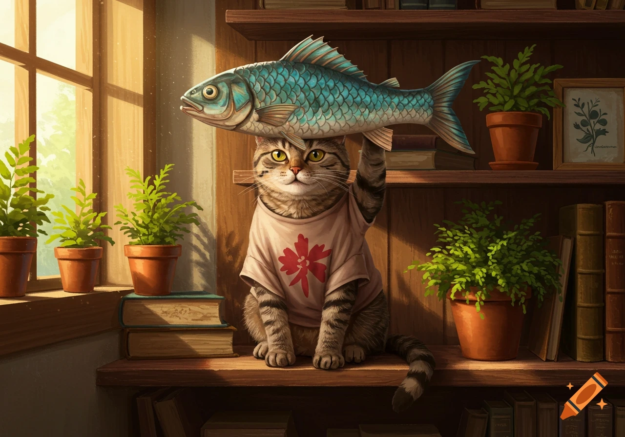 A tabby cat wearing a pink t-shirt with a red flower holds a large blue fish above its head, sitting on a wooden shelf among potted plants and books. The scene is brightly lit by a window.