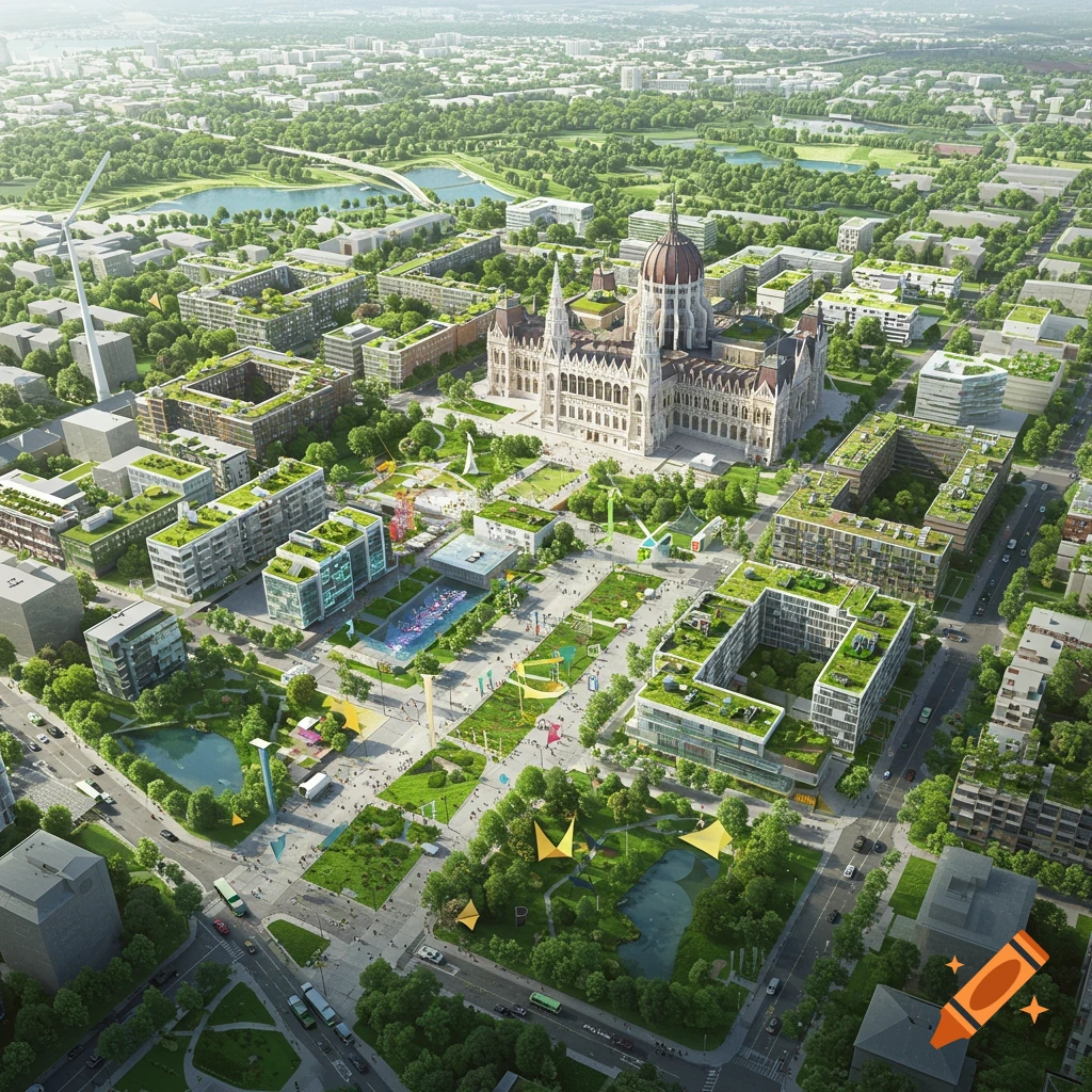 Aerial view of a modern, green city with a grand parliament building, eco-friendly architecture, parks, and lakes under a bright sky.