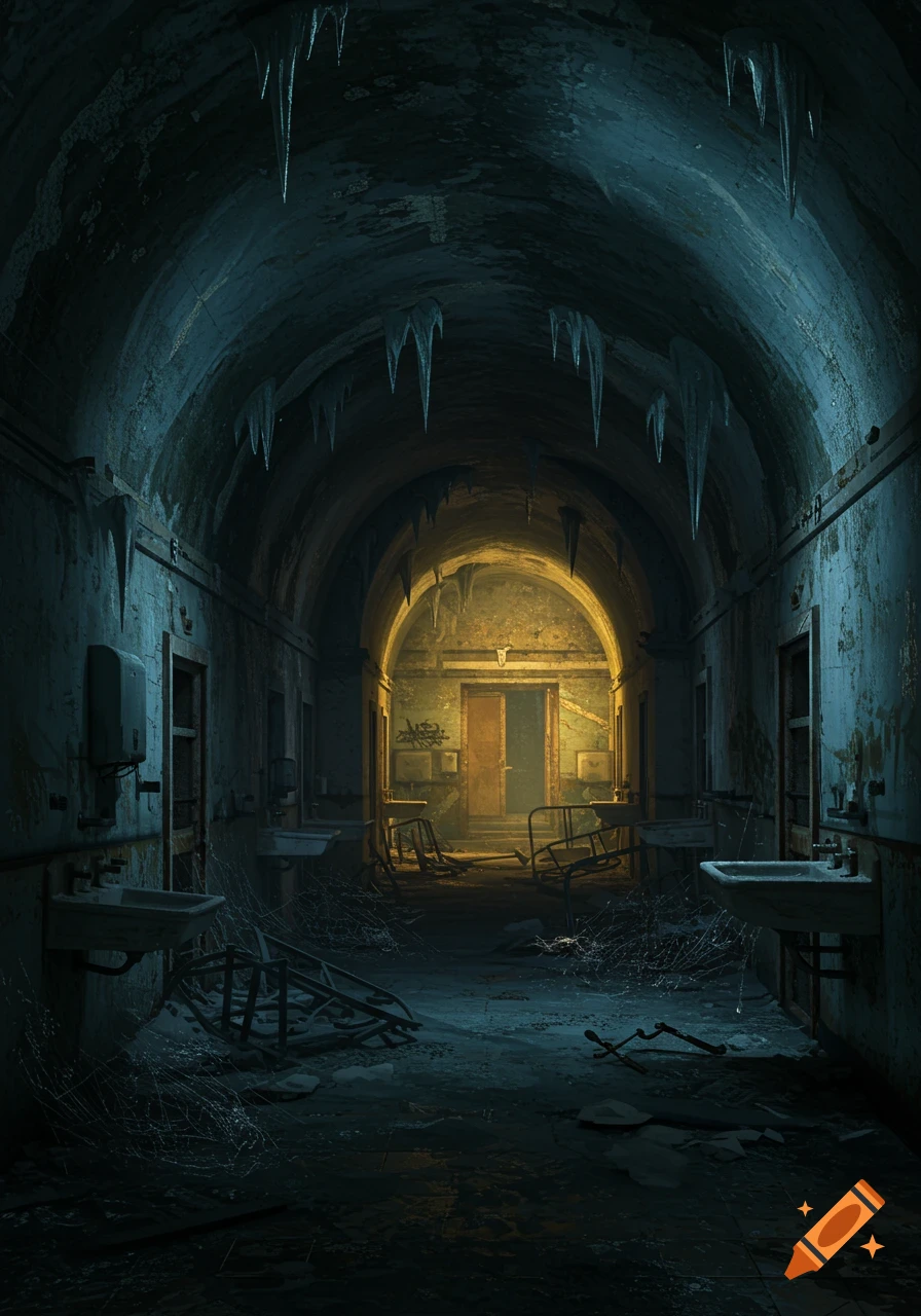 A dark, dilapidated, and ice-covered arched hallway of an abandoned asylum, with broken furniture and debris on the floor, leading to a distant warm light.
