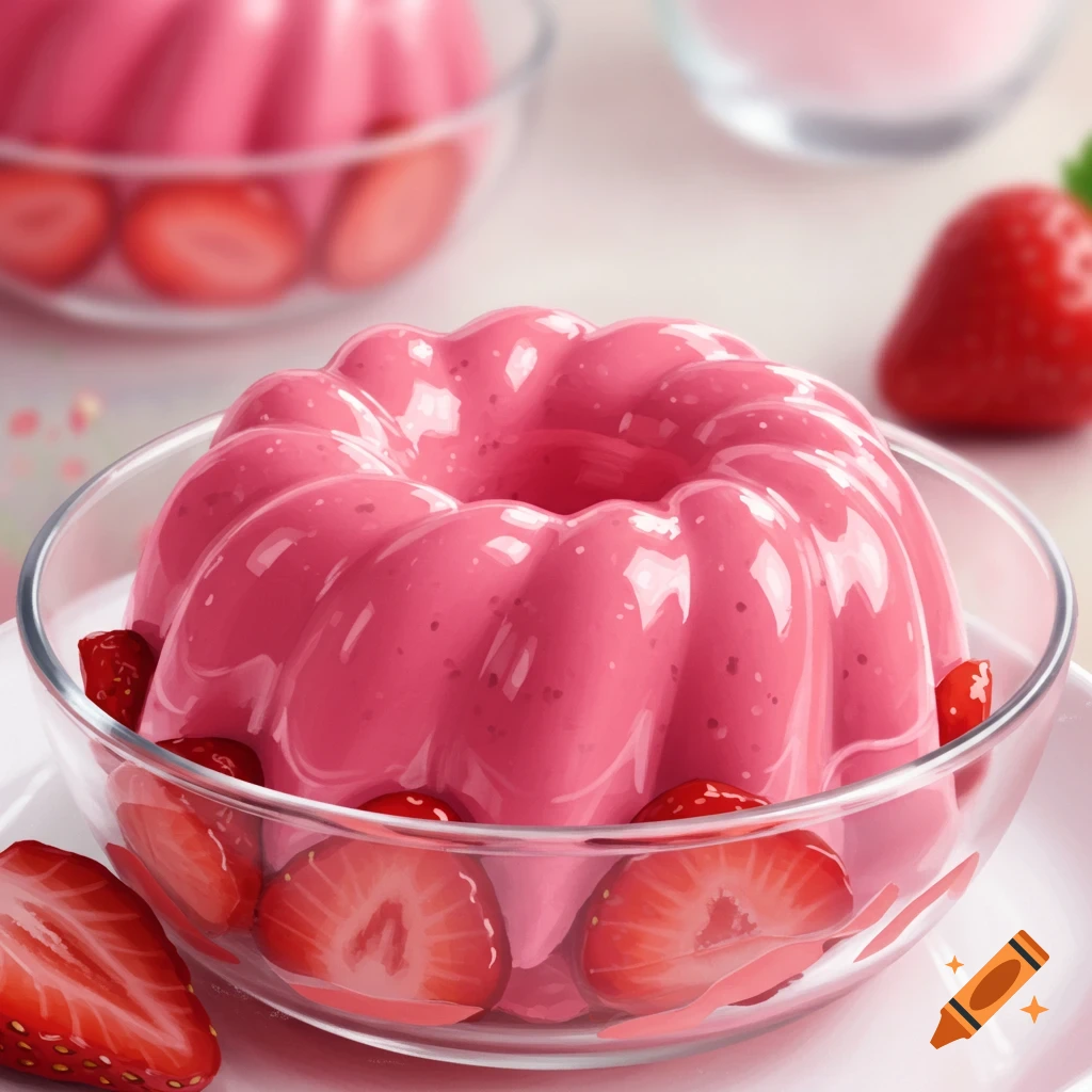 Bright pink pudding in a clear glass bowl, garnished with strawberry slices and whole strawberries, on a white plate.
