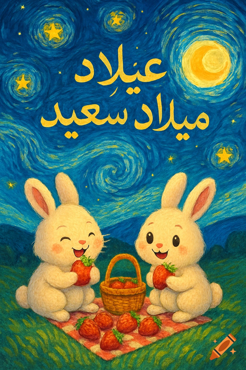 Two cartoon bunnies picnic with strawberries under a Van Gogh-style starry night sky, with 'Happy Birthday' written in Arabic.