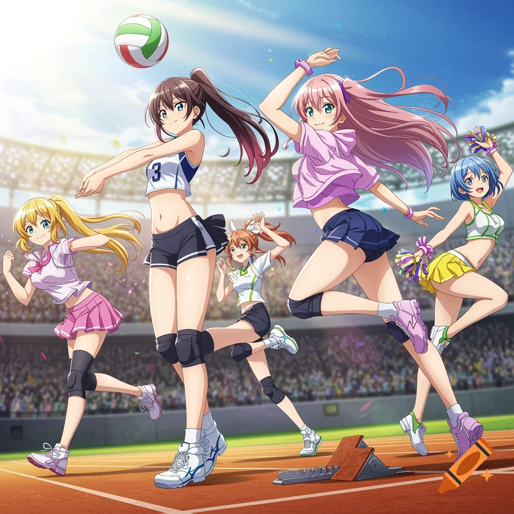 Anime girls playing volleyball and other sports in a stadium under a bright sky.