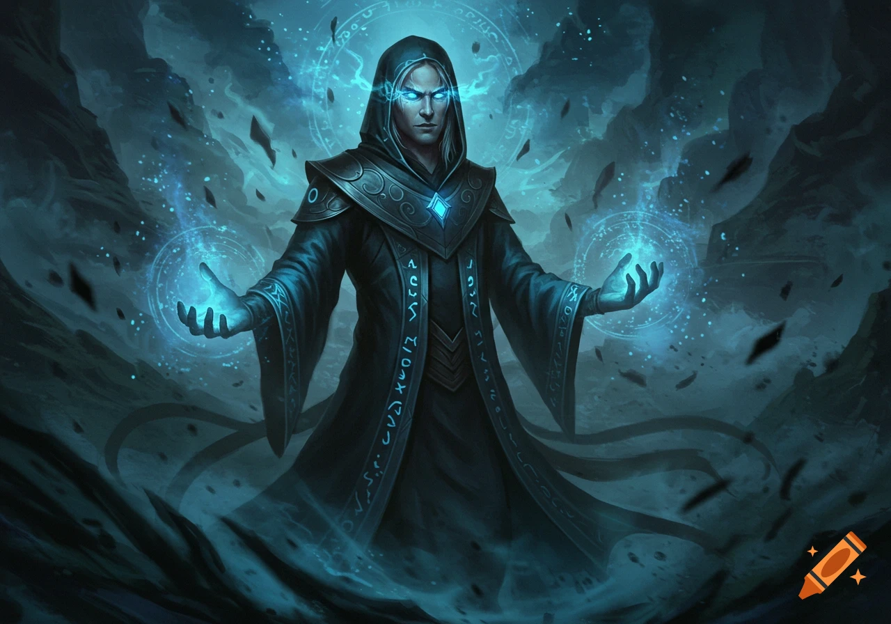 A male sorcerer with glowing blue eyes and hands, casting magic in a dark fantasy setting.
