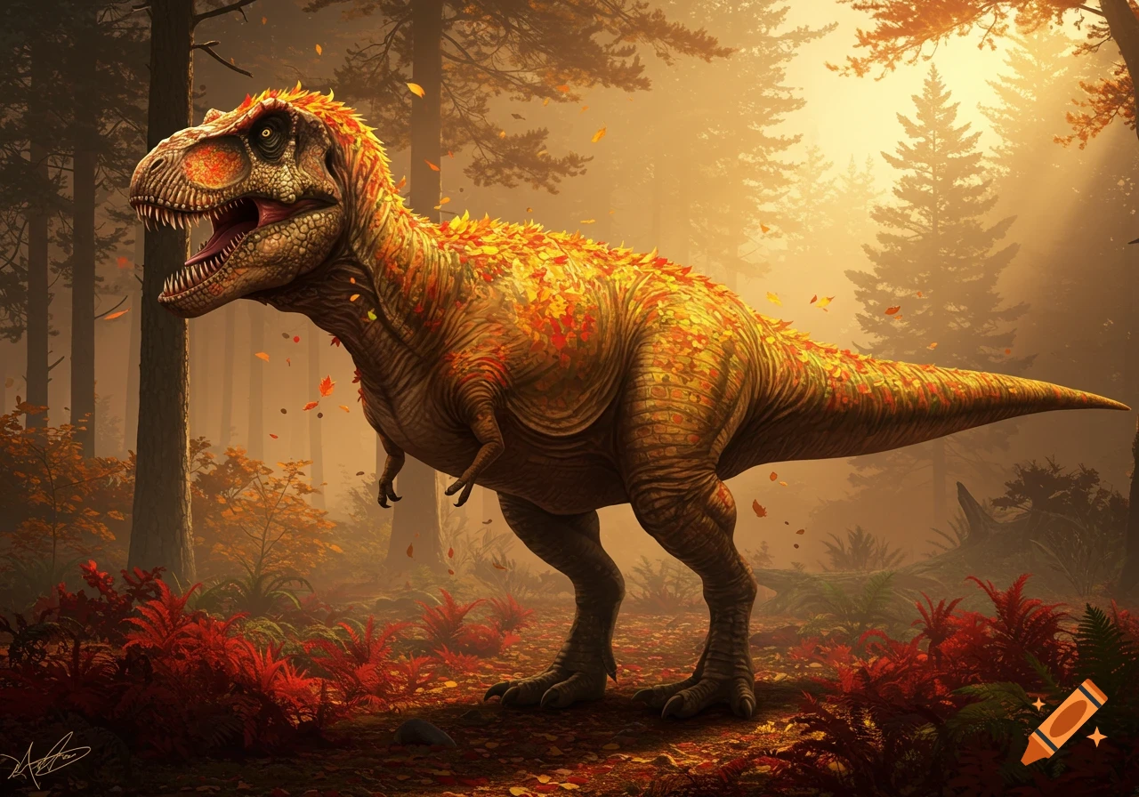 A photorealistic T-Rex covered in vibrant autumn leaves stands with its mouth open in a misty, sunlit forest.