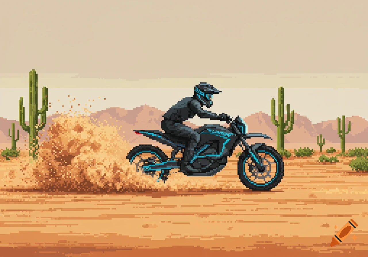 Pixel art of a person riding a black electric dirt bike through a sandy desert, kicking up dust, with saguaro cacti and mountains in the background.