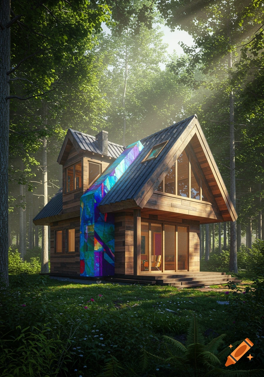 A modern wooden cabin with a colorful, geometric panel on its side, nestled in a lush green forest with sunrays filtering through trees.
