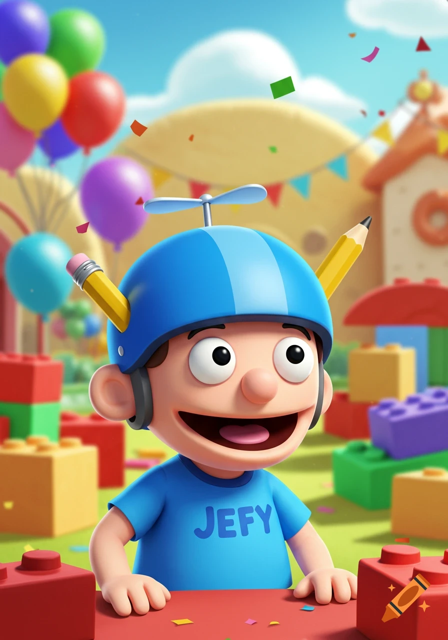 A cartoon boy with a blue propeller helmet and 'JEFY' shirt smiles, surrounded by colorful balloons and toy blocks in a bright 3D animation style.
