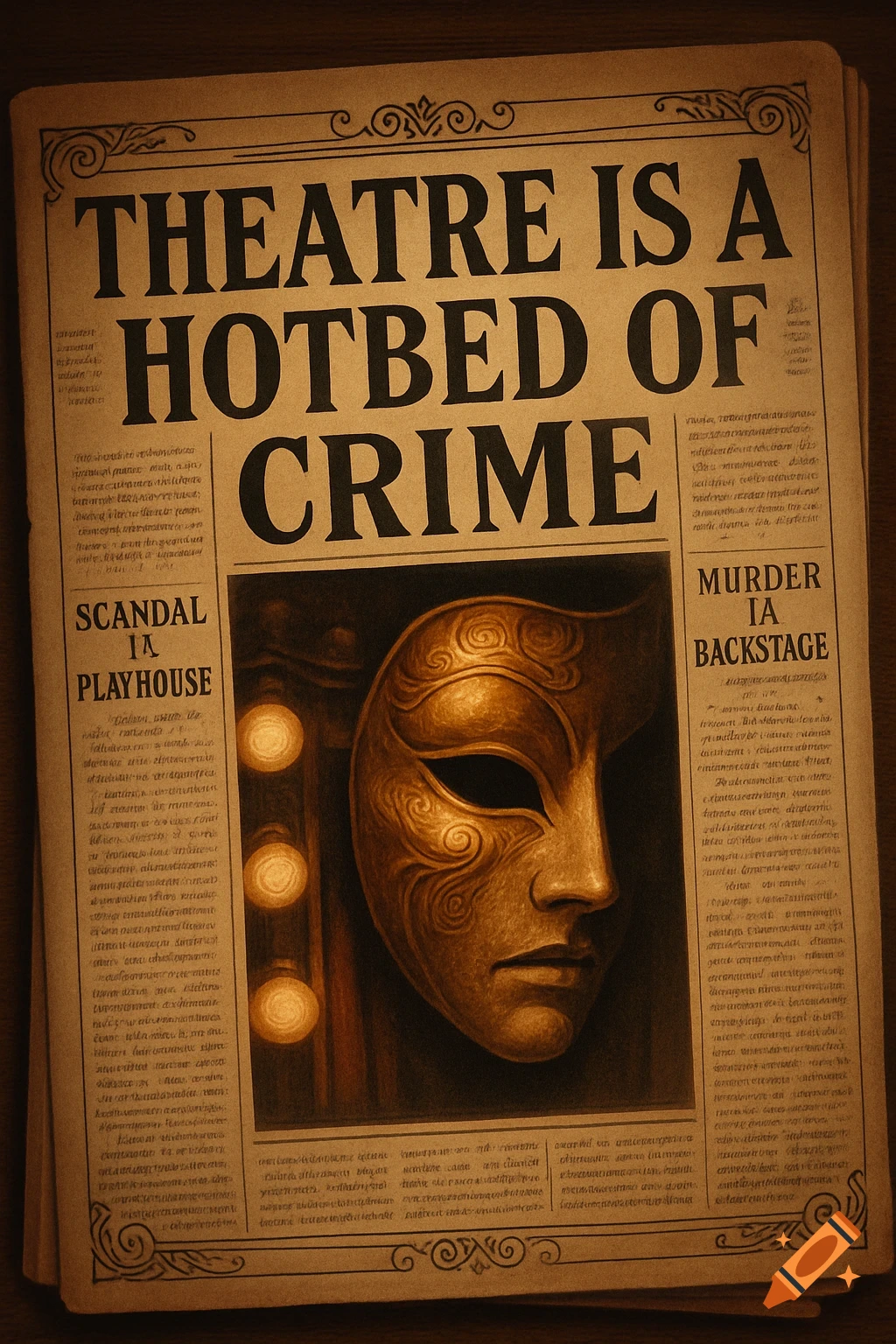 A vintage newspaper with the headline "THEATRE IS A HOTBED OF CRIME" and an ornate golden mask centered below.