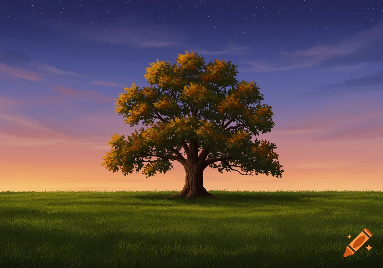An autumnal tree with golden leaves stands in a vibrant green field under a twilight sky with stars.