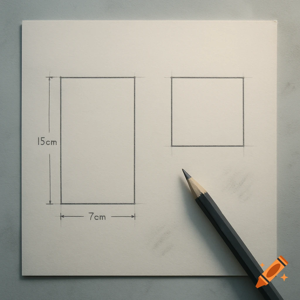 A pencil drawing on white paper shows a rectangle labeled 15cm by 7cm next to an unlabeled square, with a pencil resting below.