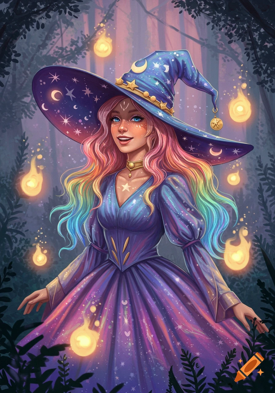 A vibrant digital illustration of a cheerful witch with long rainbow hair, wearing a starry purple hat and dress, in a magical forest with floating lights.